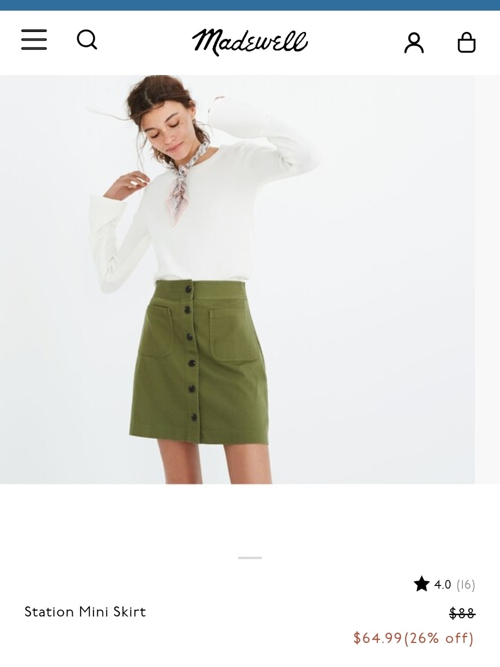 Madewell Station Mini Skirt Olive Green Button Front A-Line Size 2